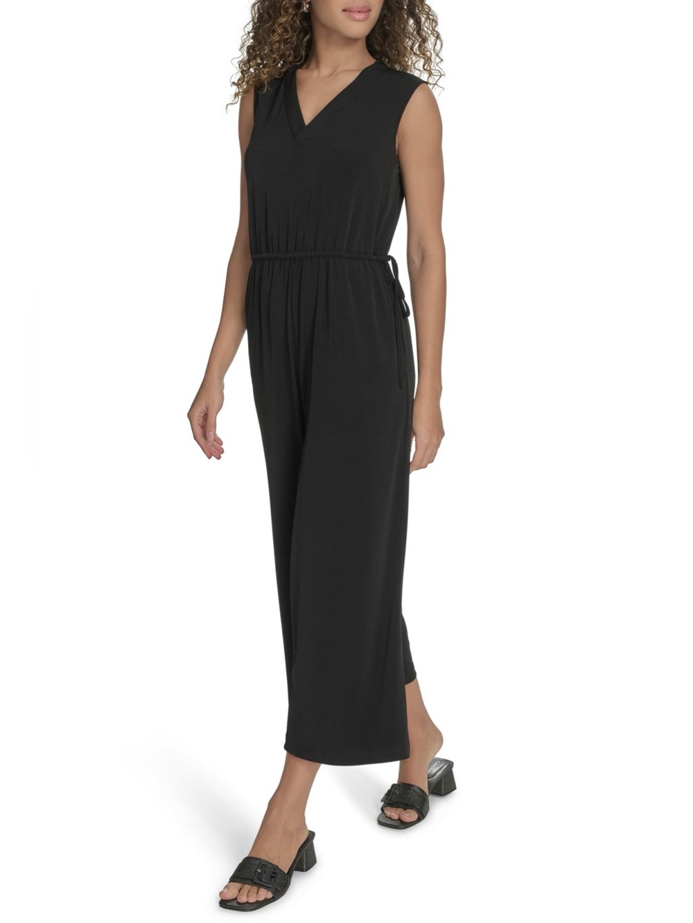 Calvin Klein Black Sleeveless V-Neck Jumpsuit with Tie Waist